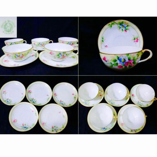 Noritake - 美品!オールドノリタケ盛り上げ花柄カップ&ソーサー5客 Noritake - 美品!オールドノリタケ盛り上げ花柄カップ&ソーサー5客