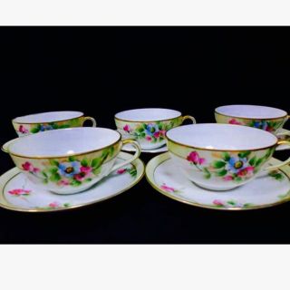 ノリタケ(Noritake)の美品！オールドノリタケ盛り上げ花柄カップ＆ソーサー5客セット(グラス/カップ)