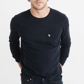 アバクロンビーアンドフィッチ(Abercrombie&Fitch)の厚手！★Abercrombie新品【M】メンズ胸ポケット付きアイコン刺繍ロンT紺(Tシャツ/カットソー(七分/長袖))