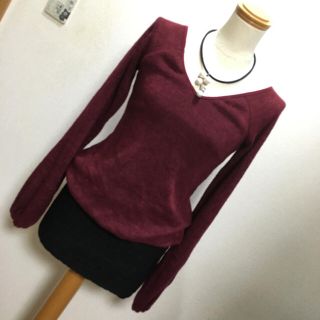 ディアブルベーゼ ボルドーxブラック ニット風ミニワンピ 美品 S