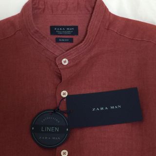 ザラ(ZARA)の【最終値下げ】 ZARA ノーカラー:麻地の長袖シャツ:エンジ(シャツ)