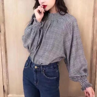 ザラ(ZARA)のパフスリーブ グレンチェック ボリューム袖 ブラウス トップス(シャツ/ブラウス(長袖/七分))