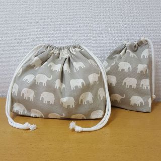 【再販】グレーぞうさん　お弁当袋&コップ袋セット(外出用品)