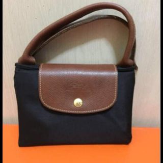 ロンシャン(LONGCHAMP)の本物ロンシャンの黒×ブラウンレザーハンドバック　折り畳み可能(ハンドバッグ)