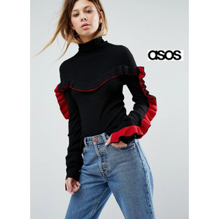 エイソス(asos)のクリスマスセール♡大人気♡*ASOS*UK10レッドカラーフリルスリーブニット♡(ニット/セーター)