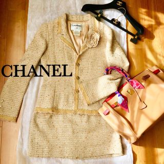 【美品vintage】CHANEL カメリアボタン ツィードスーツ 黒 34