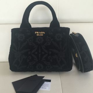 プラダ(PRADA)のプラダ新品未使用高級ベルベット花刺繍2WAYバッグ カナパ(ハンドバッグ)