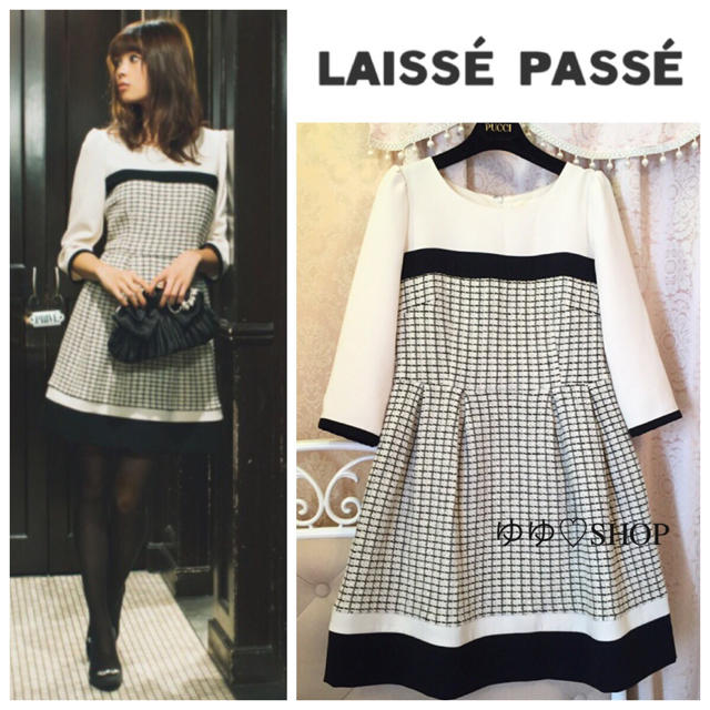 LAISSE PASSE(レッセパッセ)のツィード切替バイカラーワンピース レディースのワンピース(ミニワンピース)の商品写真