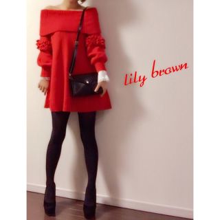 リリーブラウン(Lily Brown)のリリーブラウン Aya様専用♡オフショルAラインニットワンピース♡新品タグ付き(ミニワンピース)