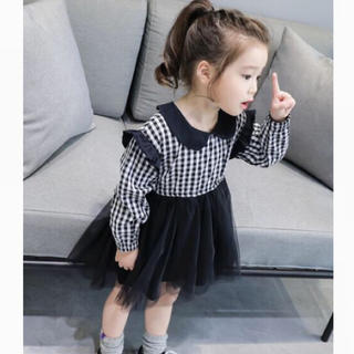 新品 90cm チェック柄 切替ワンピース チュールスカート 韓国子供服 ig(ワンピース)