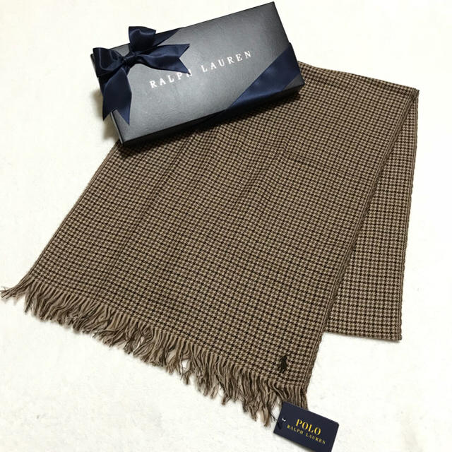 POLO RALPH LAUREN(ポロラルフローレン)の1点のみ☆新品✨ウール100% 千鳥格子柄 マフラー / ブラウン メンズのファッション小物(マフラー)の商品写真