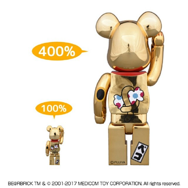 不二家(フジヤ)のBE@RBRICK 招き猫 ペコちゃん 金メッキ 100％ ＆ 400％  エンタメ/ホビーのおもちゃ/ぬいぐるみ(キャラクターグッズ)の商品写真