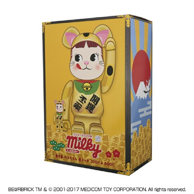 不二家(フジヤ)のBE@RBRICK 招き猫 ペコちゃん 金メッキ 100％ ＆ 400％  エンタメ/ホビーのおもちゃ/ぬいぐるみ(キャラクターグッズ)の商品写真