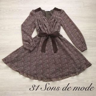 トランテアンソンドゥモード(31 Sons de mode)の美品♦︎31 Sons de mode 花柄 袖あり ワンピース ブラウン(ミニワンピース)