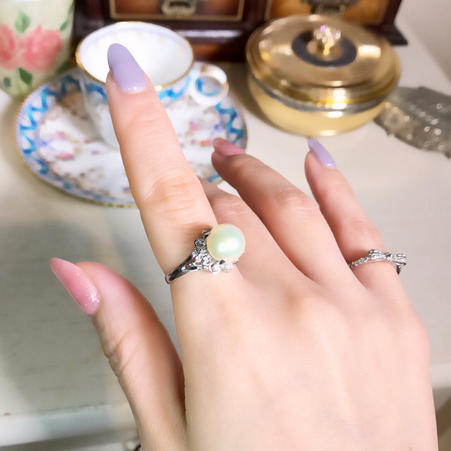 ヴィンテージ✧Pt900❅雪の結晶パールとダイヤの唐草リング⋆アガット 好きな方 レディースのアクセサリー(リング(指輪))の商品写真