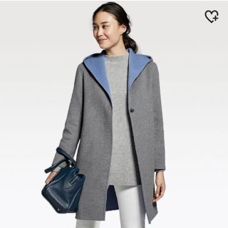 ユニクロ(UNIQLO)のUNIQLO ダブルフェイスフーデットコート グレー M(ロングコート)