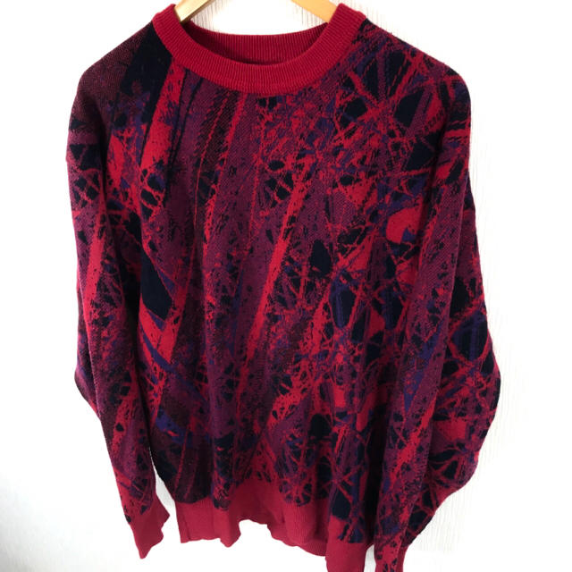 coogi 風 幾何学模様 ウールニット セーター 赤系 L  日本製 メンズのトップス(ニット/セーター)の商品写真