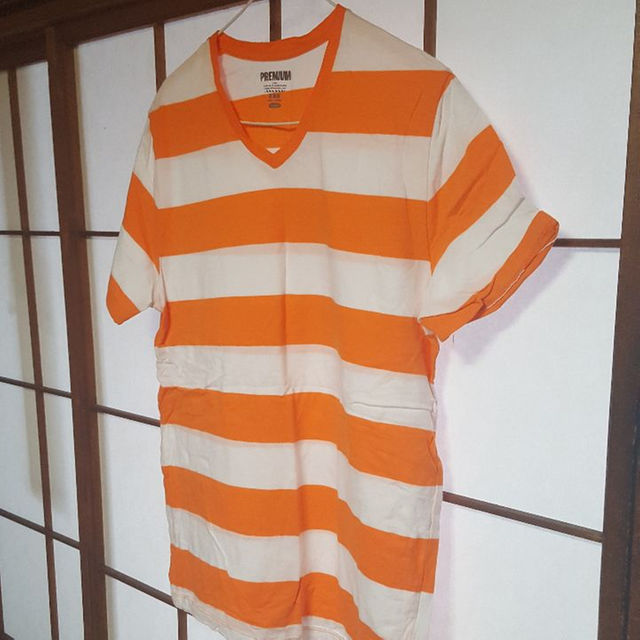 ボーダーTシャツ オレンジ 白 Vネック メンズ Mサイズの通販 by かずみ5115's shop｜ラクマ