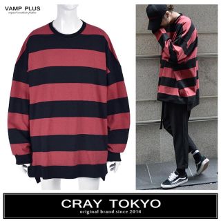 CRAY TOKYO 赤黒 ボーダーオーバーサイズロングTシャツ AAA 西島着(Tシャツ/カットソー(七分/長袖))