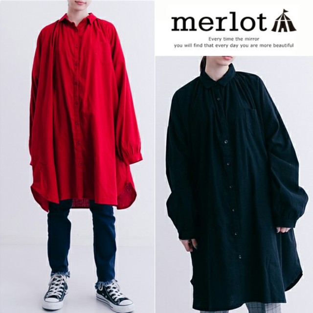 merlot(メルロー)の今季新作♡＊メルロー コットン シャツワンピース ブラック 黒 レディースのワンピース(ひざ丈ワンピース)の商品写真