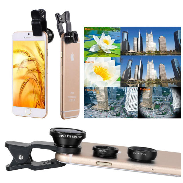 iphone 各種スマートフォン対応　魚眼　広角　マクロ　3in1　レンズ　挟む スマホ/家電/カメラのカメラ(レンズ(ズーム))の商品写真