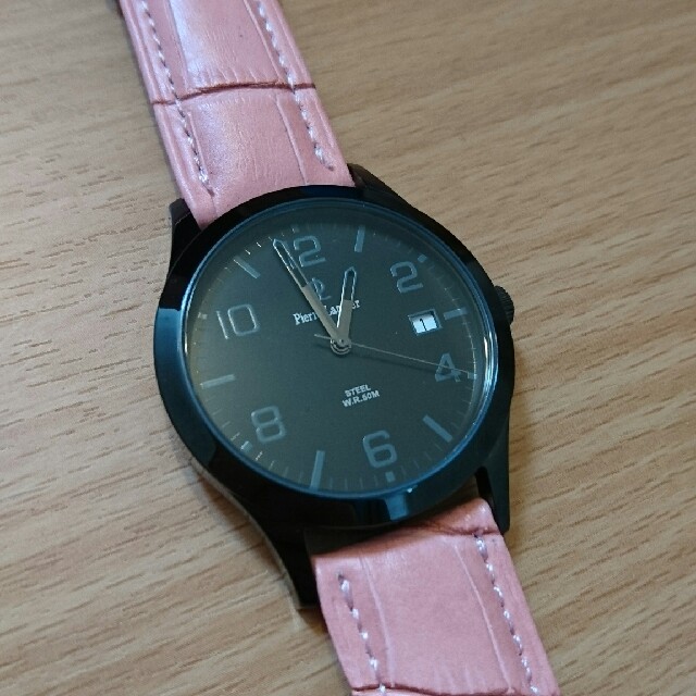 【美品】ピエールラニエ ブラック×ピンク レザー腕時計