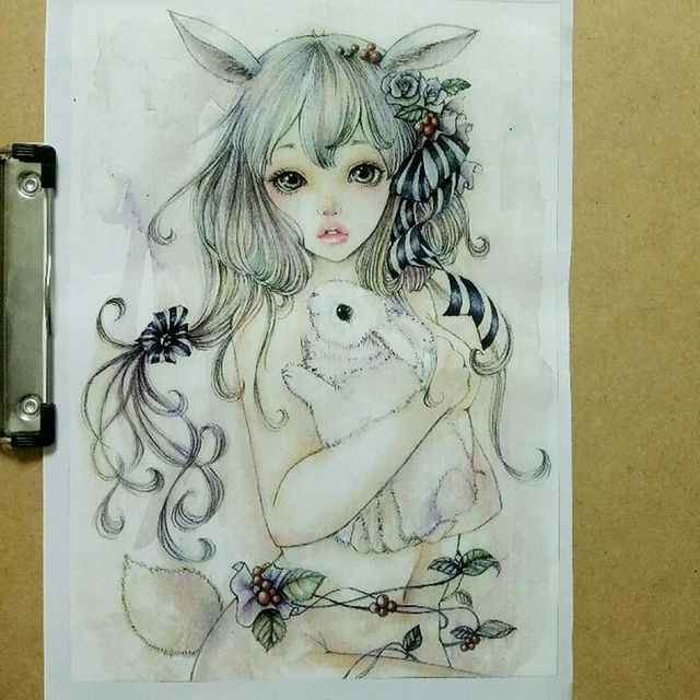 ①イラスト複製画　「うさぎと兎」 エンタメ/ホビーの美術品/アンティーク(絵画/タペストリー)の商品写真