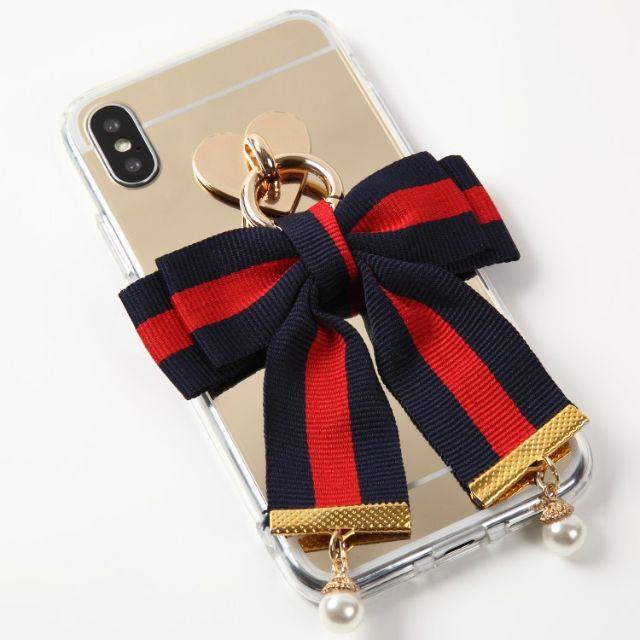 ゴールドミラー　ネイビー&レッドのリボン iPhoneケース ハンドメイドのスマホケース/アクセサリー(スマホケース)の商品写真