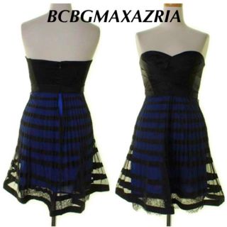 ビーシービージーマックスアズリア(BCBGMAXAZRIA)の美品♦︎BCBGMAXAZRIA ボーダー柄 ベアトップ ワンピース ブラック(ミニワンピース)