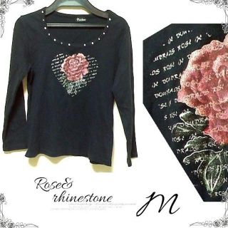 プリントTシャツ薔薇ローズ&英字カットソー黒ショート丈(Tシャツ(長袖/七分))