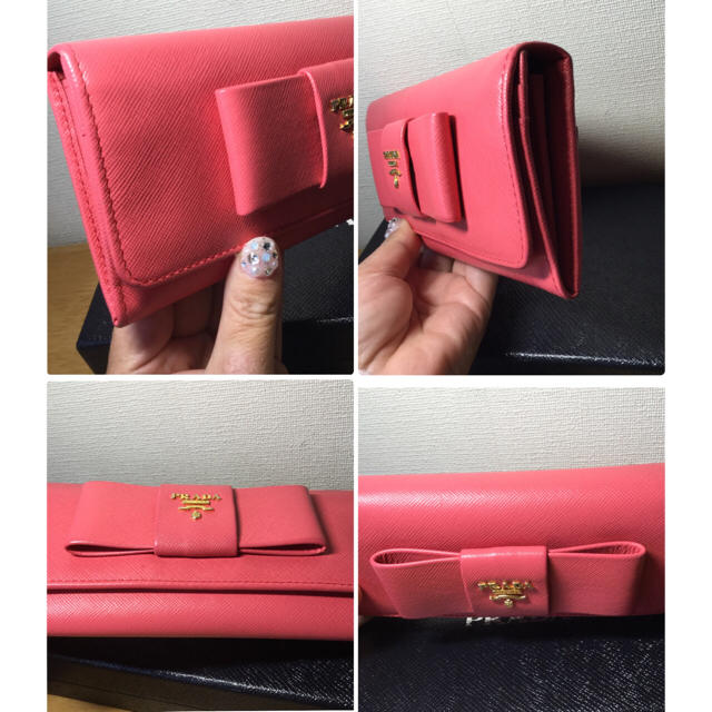 【PRADA】サフィアーノリボンン付き二つ折り長財布/FRAGOLA❤️良品