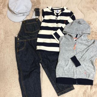 プチバトー(PETIT BATEAU)のプチバトー 18m サロペット ボーダートップス パーカー 帽子 マリニエール(トレーナー)