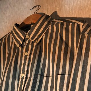 古着 柄シャツ ストライプ 白×緑 XLサイズ(シャツ)