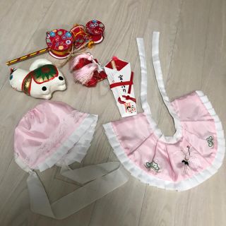 お宮参り６点セット★帽子&スタイ★犬張子★扇子★でんでん太鼓(お宮参り用品)