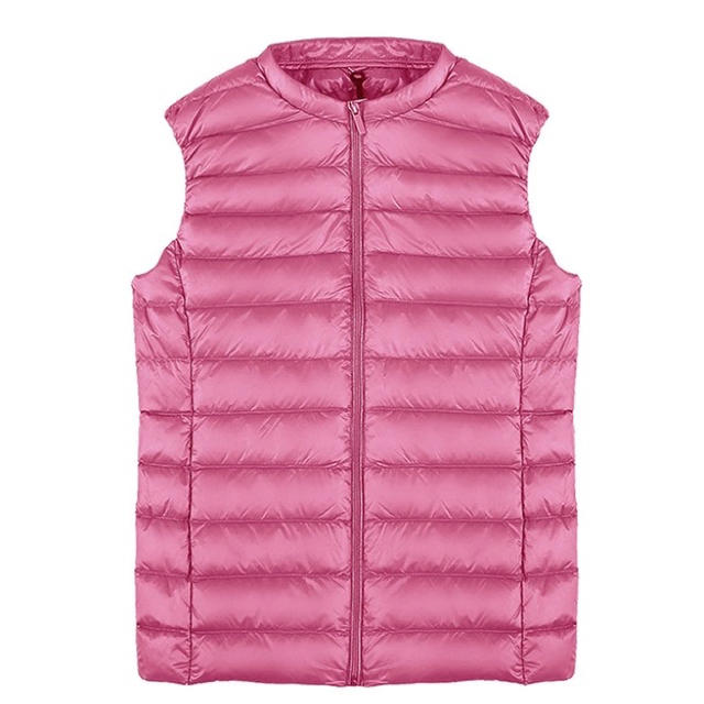 新品! ウルトラ ライト ダウン ベスト コンパクト ノーカラー ピンク M レディースのジャケット/アウター(ダウンベスト)の商品写真