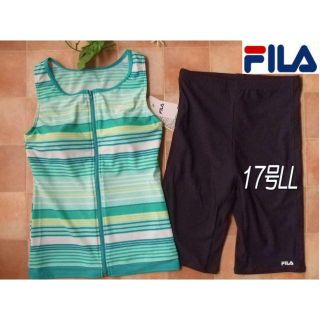 ◆FILA・袖なしラン型フィットネス水着・17号4L・ボーダーグリーン緑×グレー(水着)