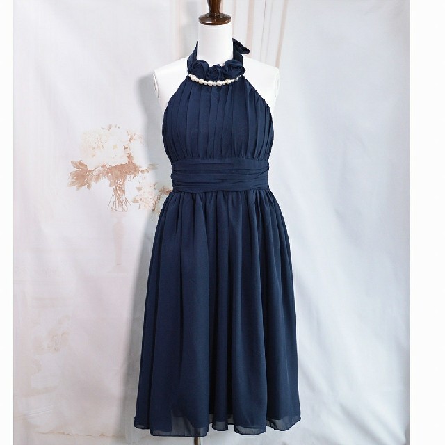 新品❤️パール飾り ネイビー ミディアムドレス レディースのフォーマル/ドレス(ミディアムドレス)の商品写真