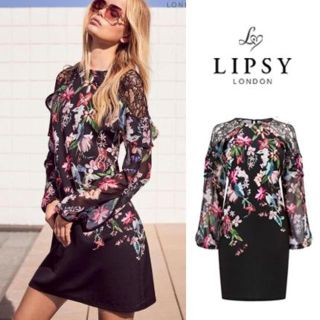 リプシー(Lipsy)のLipsy(リプシー)◇花柄プリント 肩レース 長袖シフトワンピース ドレス(ひざ丈ワンピース)