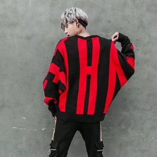 ❤️大人気高品質❤️  ニット ビックシルエット G-DRAGON 赤黒 韓国系(ニット/セーター)