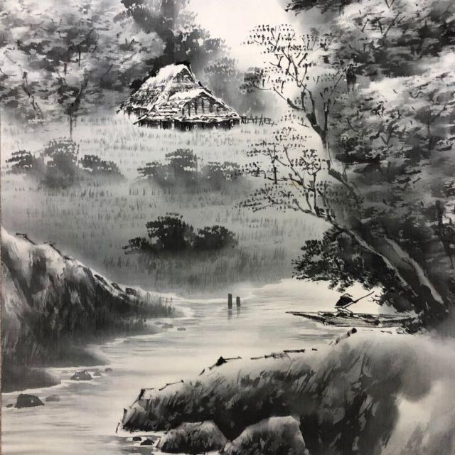 掛軸 玉邦銘 水墨山水画 風景 日本画 絹本肉筆 木軸 ほぼ新品の通販 by 吉猫堂's shop｜ラクマ