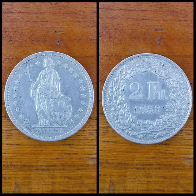 コインリング　スイス　2フラン銀貨　ヘルベティア女王　女王面　AHD