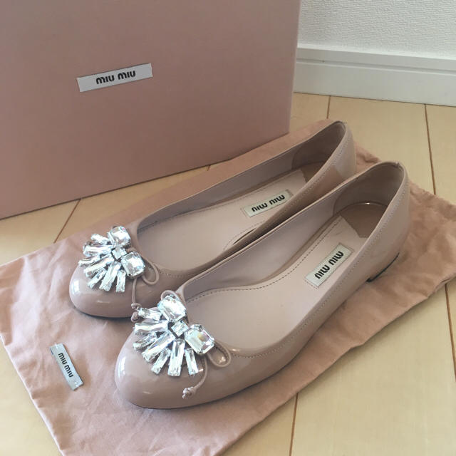 バレエシューズ美品❤️ miumiu ビジュー付きフラットシューズ 36.5