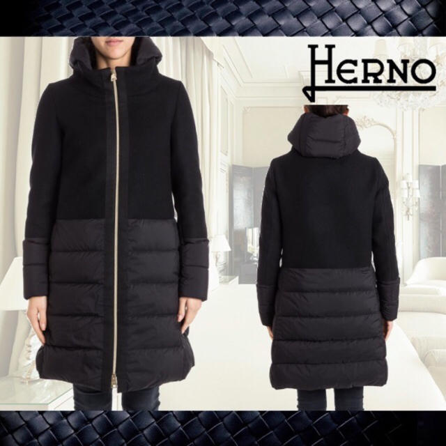 HERNO(ヘルノ)の◆新品同様◆HERNO ヘルノ◆ダウン コート 切替 セパレート フード S 黒 レディースのジャケット/アウター(ダウンコート)の商品写真