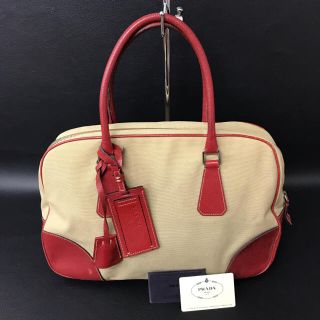 プラダ(PRADA)の最終値下げ プラダ キャンバス×レザー ハンドバッグ Gカード ベージュ×レッド(ハンドバッグ)