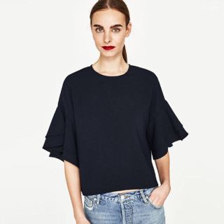 ザラ(ZARA)の【タグ付き新品】ザラ  フリル袖ブラウス ネイビー S(シャツ/ブラウス(半袖/袖なし))