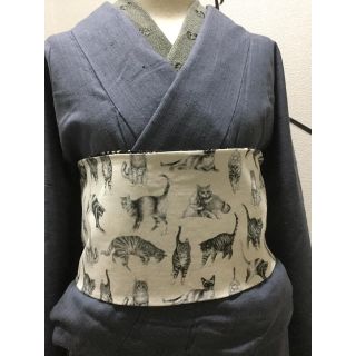 28 猫 ネコ ねこ モノトーン  半幅帯 ハンドメイド USAコットン(着物)