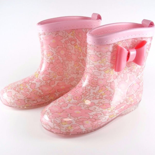 新品　子供用レインブーツ 　ピンクの花柄リボン付き長靴　24サイズ(約15cm)(長靴/レインシューズ)