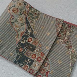美品 正絹 袋帯 膨れ織 縞 金糸 ブルー系(帯)