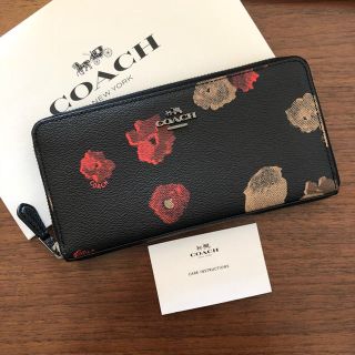 COACH コーチ　折り財布　ブラック　ワイン　ハーフトーン  フラワー　花柄