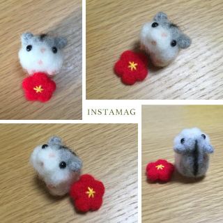 送料無料 梅の花にうっとり♡ジャンガリアンハムスター ハンドメイド 羊毛フェルト(ぬいぐるみ)
